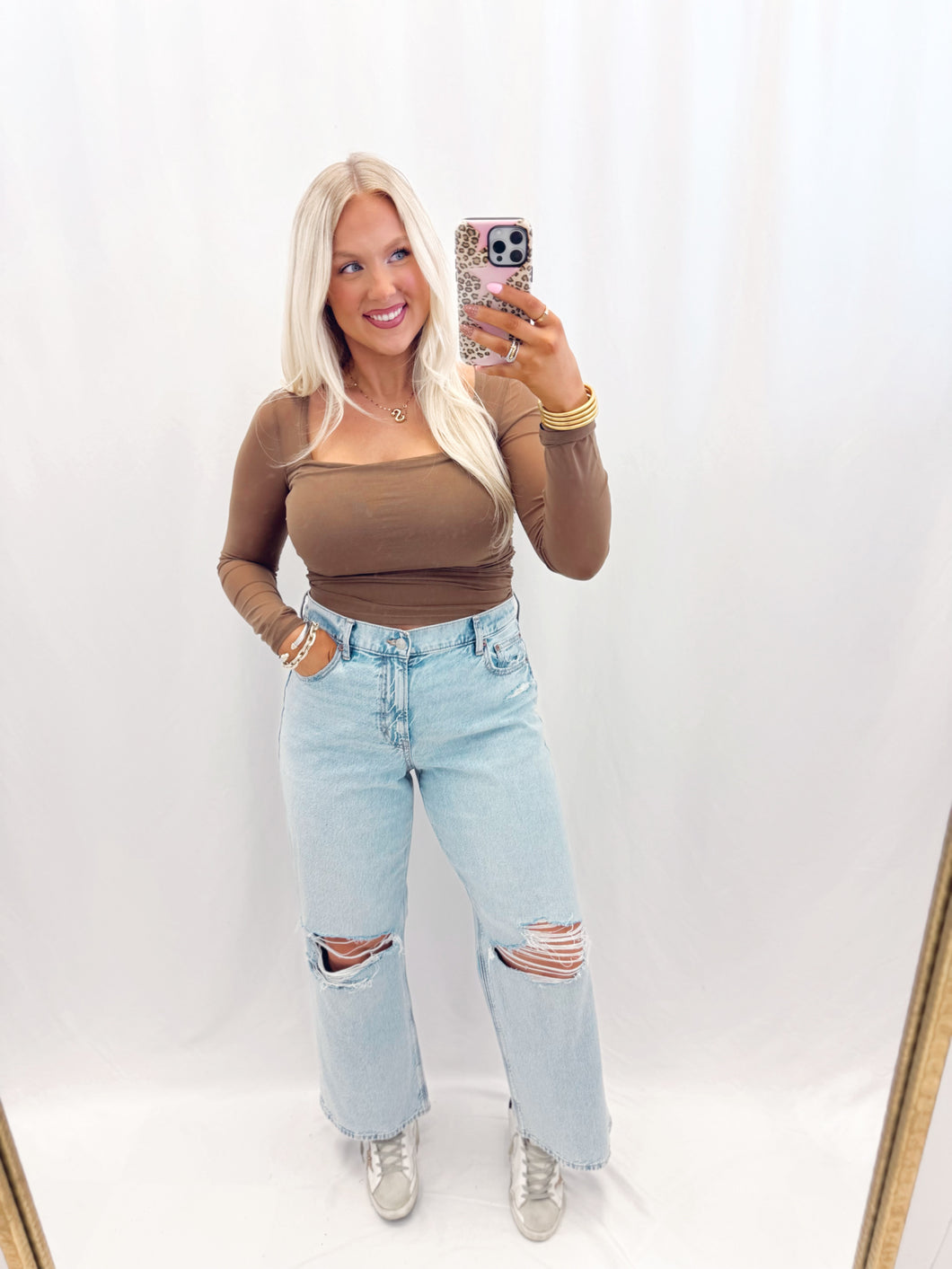 Going Out Sheer Sleeve Top BROWN