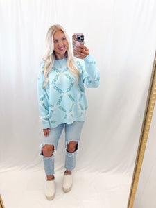 Bow Kissed Blooms Sweater BLUE