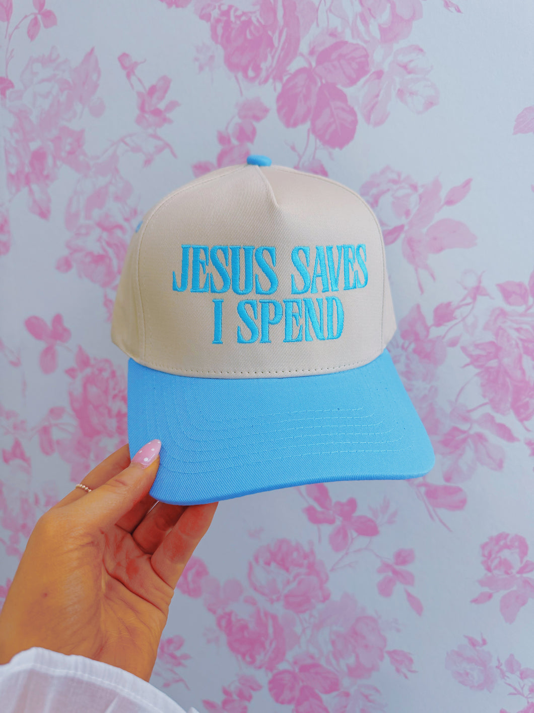 JESUS SAVES I SPEND Blue Trucker Hat