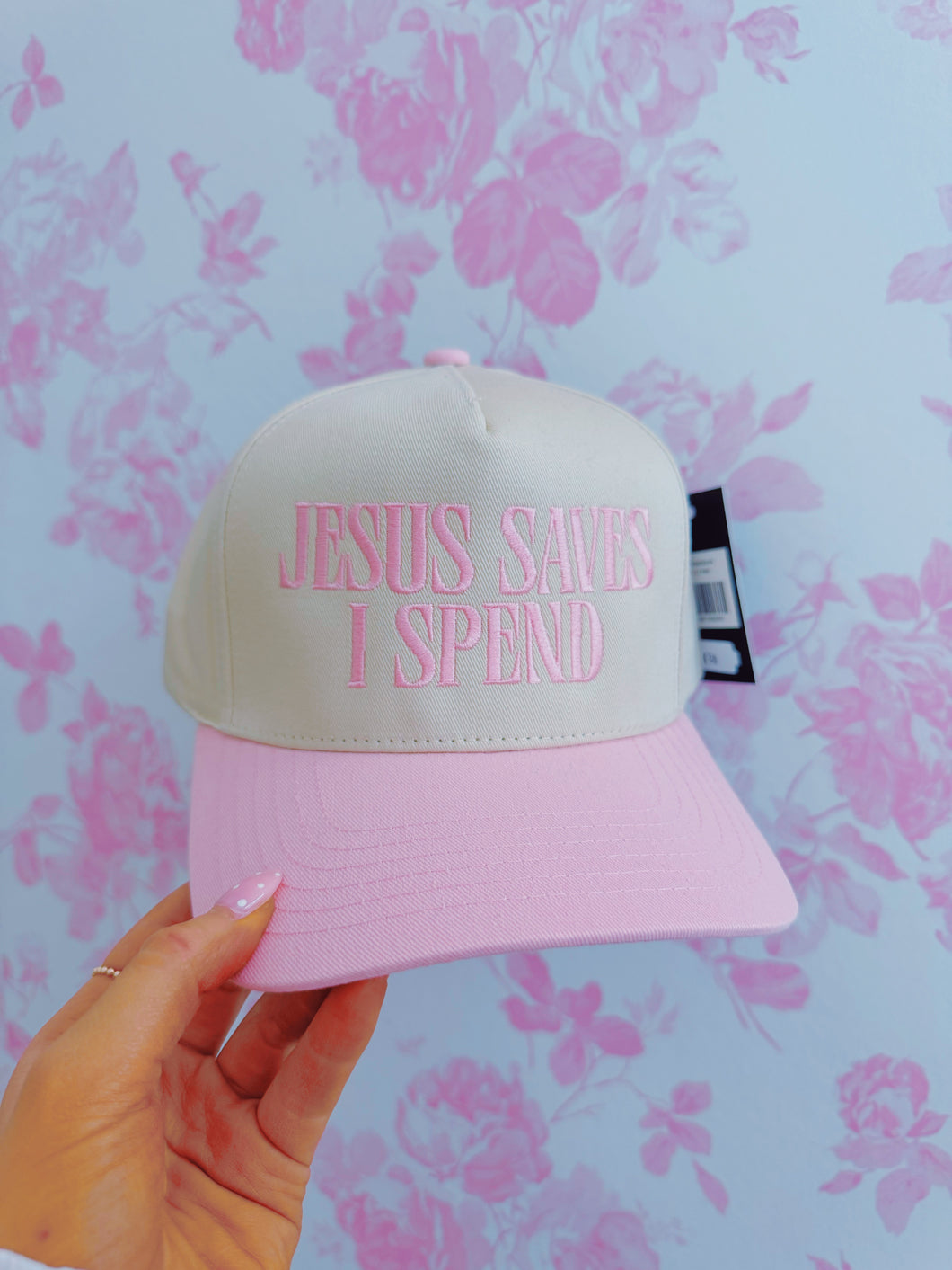 JESUS SAVES I SPEND Pink Trucker Hat
