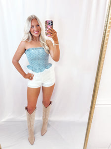 Bow, Denim, + Lace Tube Top