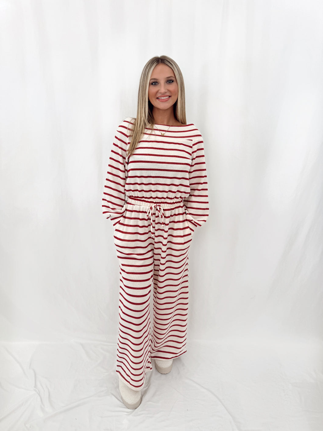 Stripe Delight Jumpsuit BURGUNDY
