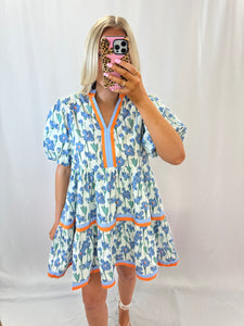 Orangey Blue Floral Dress